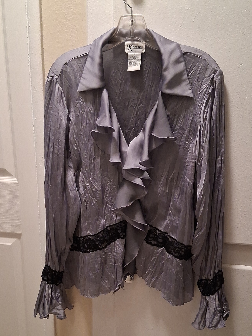 Y2K 90s Satin Crinkle Ruffle Lace Long Sleve Size 18
